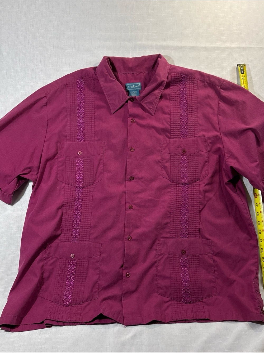 TropiCool Men’s 2X Hawaiian Burgundy 4-pocket Button Down Collared Shirt vintage